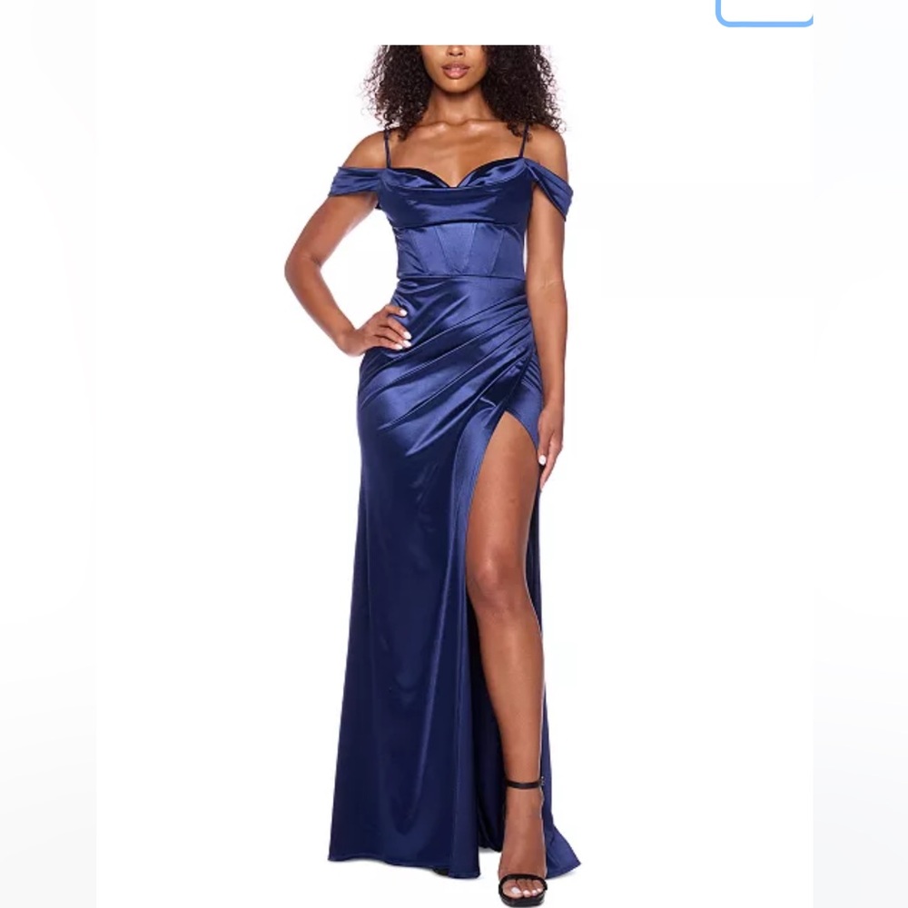 B Darlin Juniors' Cowl-Neck High-Slit Boned-Bodice Gown sz 3/4 royal blue.